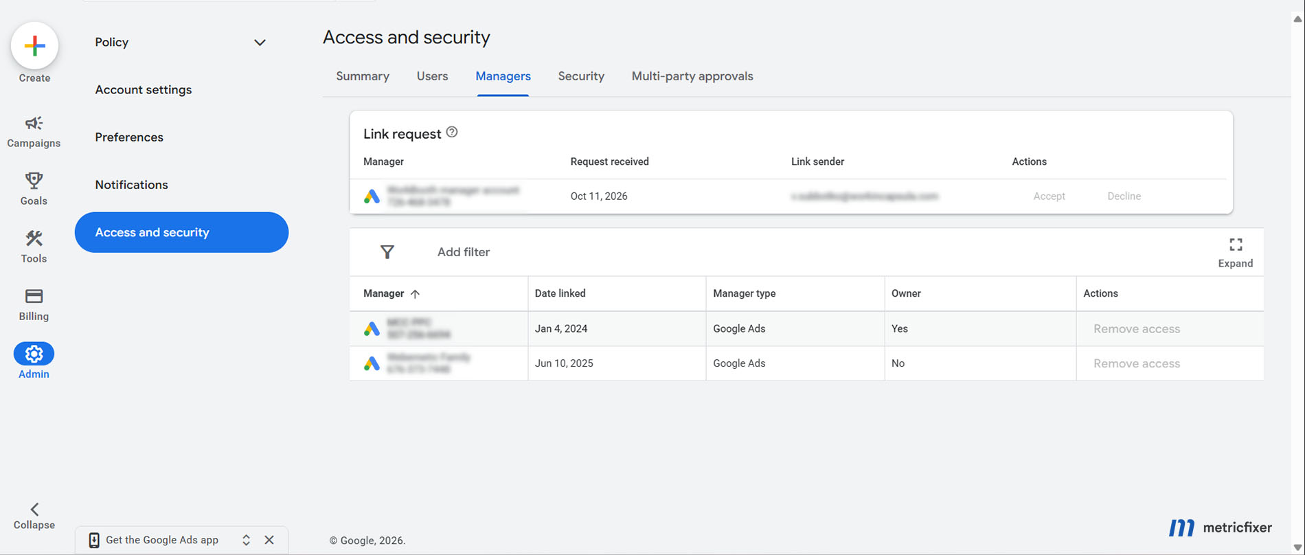 The Managers tab in an advertiser Google Ads account showing a genuine agency link request before acceptance, with identifiers redacted.