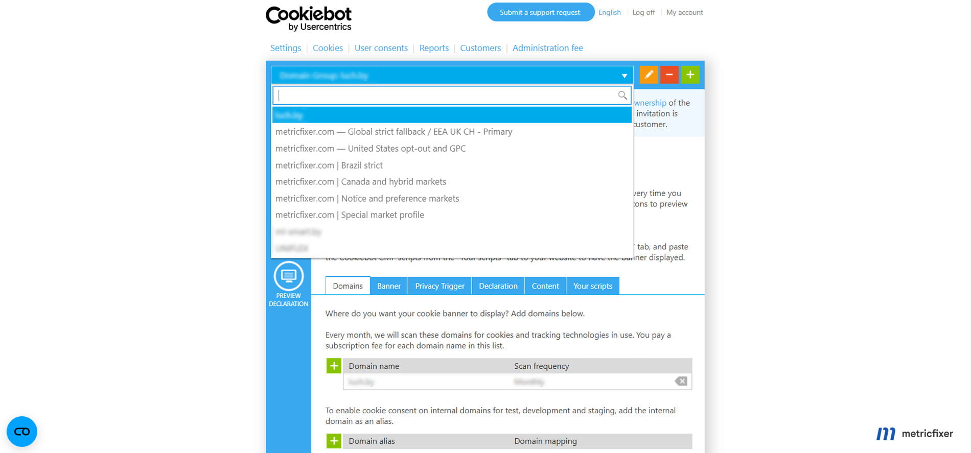 Cookiebot domain groups for strict European fallback, U.S. GPC opt-out, Brazil, Canada, notice-and-preference markets, and special-market configurations.