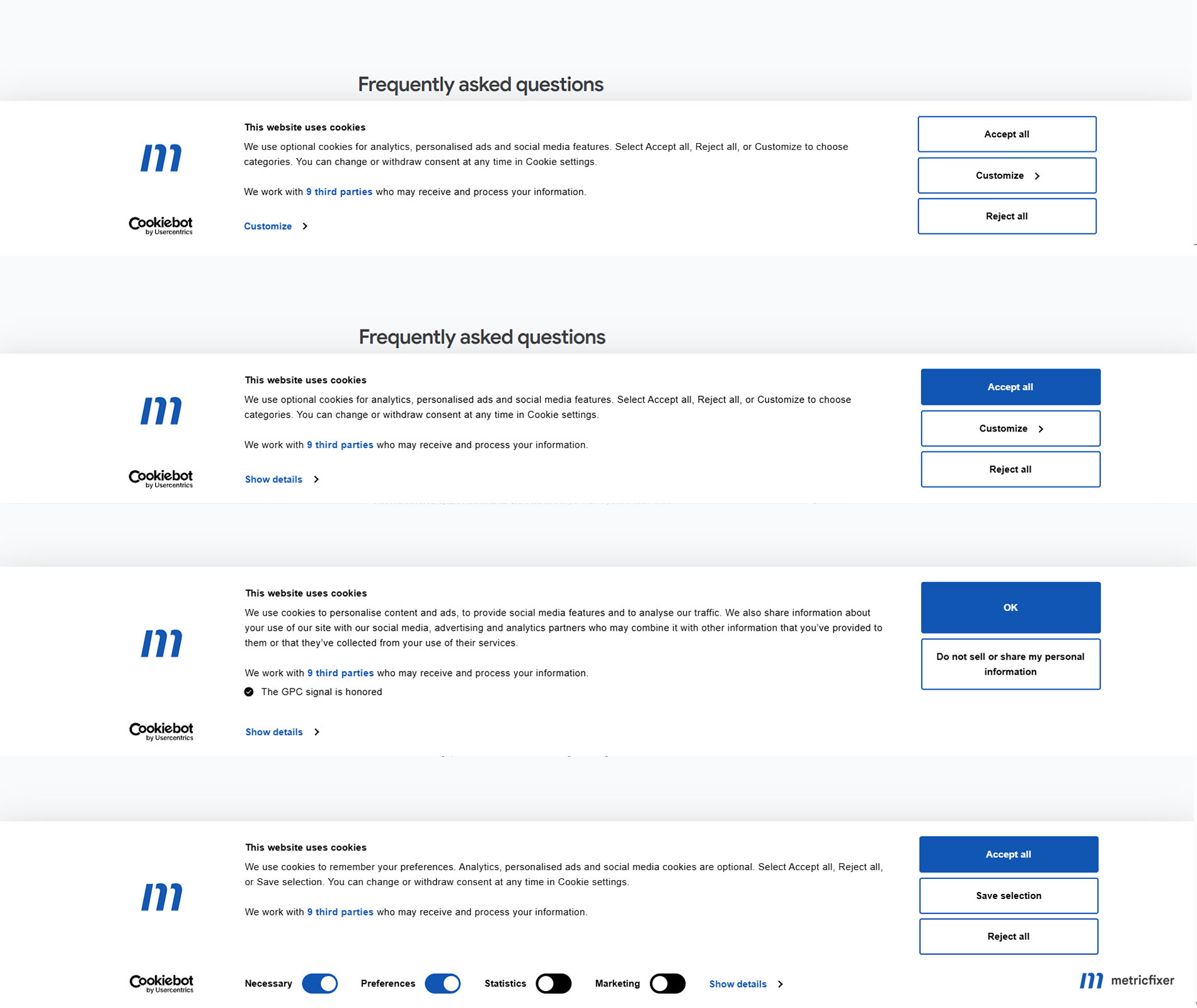 Comparison of strict European, Brazilian, U.S. opt-out, and notice-and-preference Cookiebot profiles.