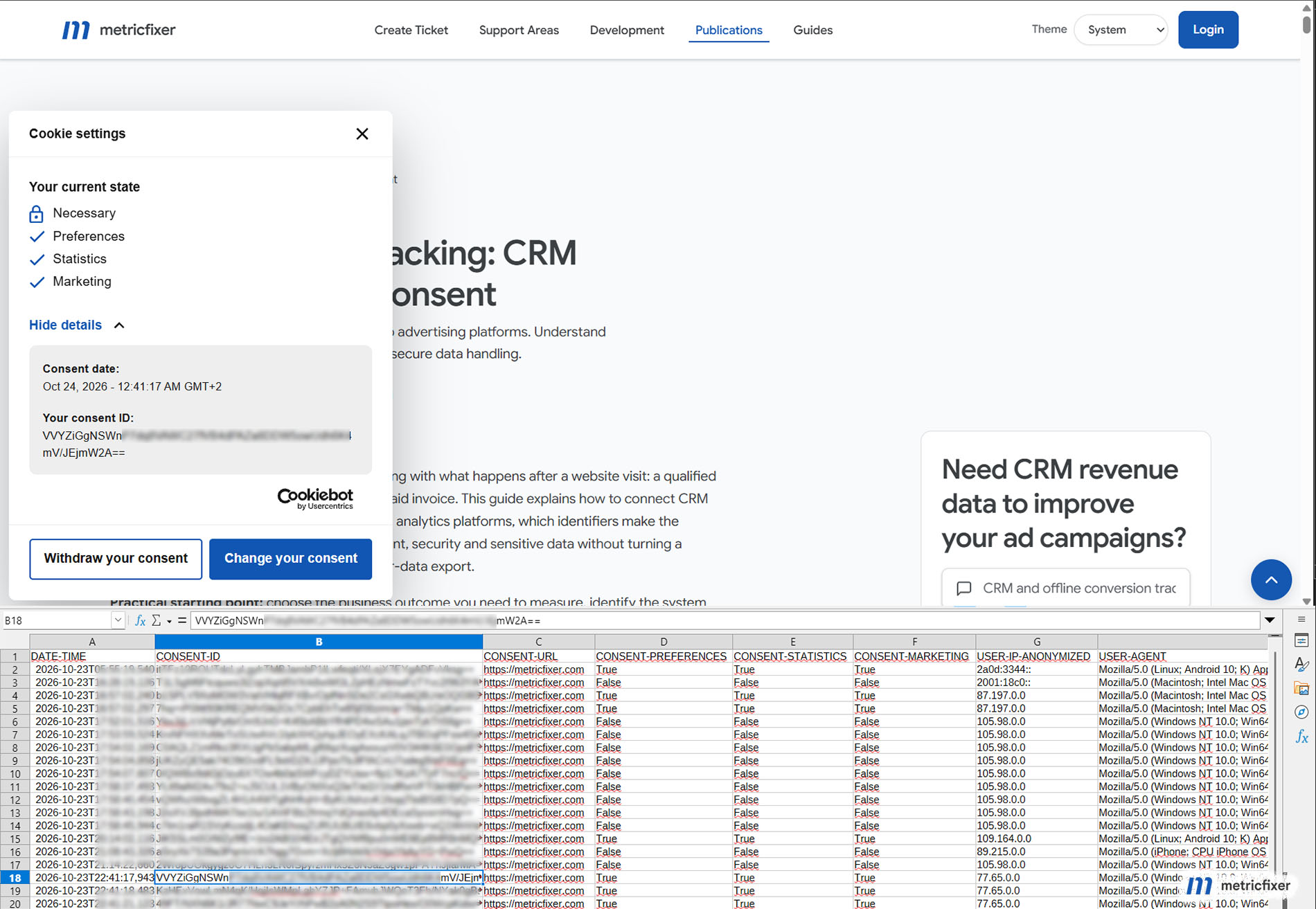 Cookiebot global consent record and persistent privacy settings control for changing or withdrawing a choice.