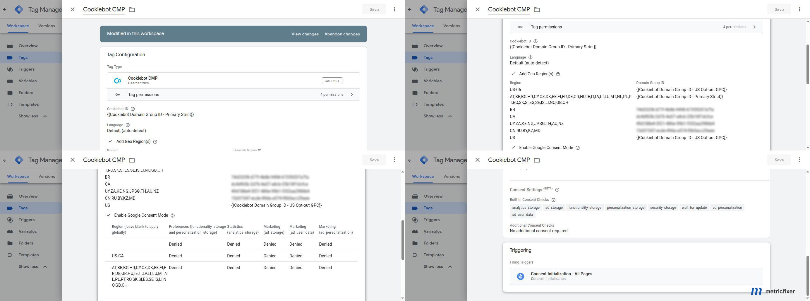 Cookiebot CMP tag using Consent Initialization and regional Google consent settings for a global website.