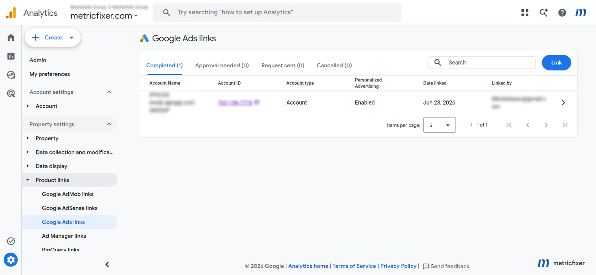 GA4 Google Ads link for a global advertiser with personalized advertising and auto-tagging settings visible.