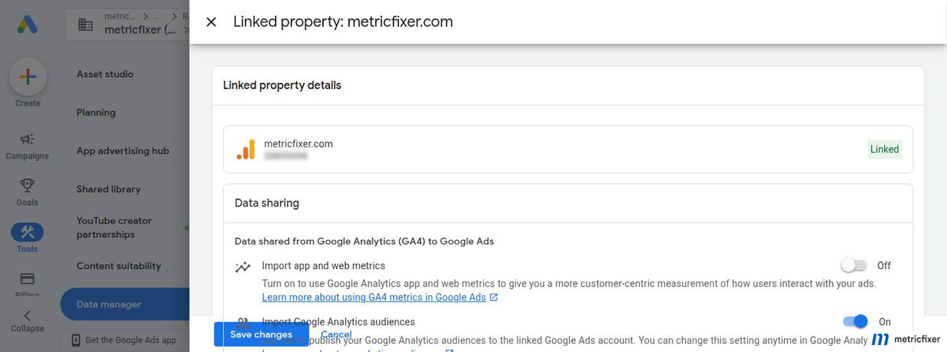 Linked GA4 property in Google Ads with Analytics audience import enabled and app and web metrics optional.
