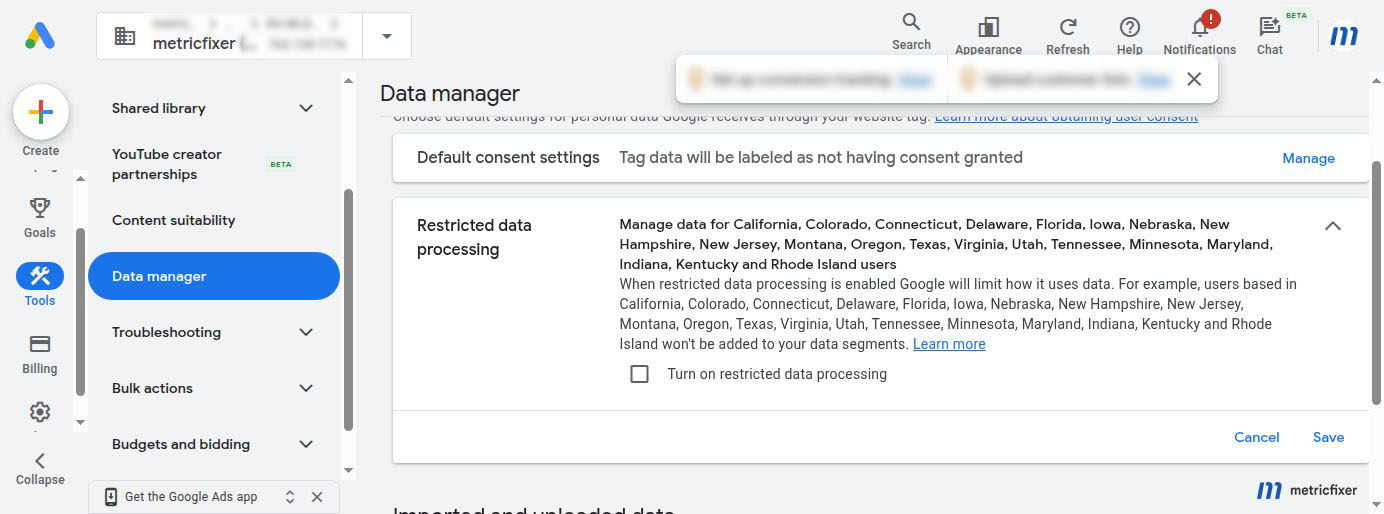 Google Ads Restricted Data Processing settings for applicable U.S. state privacy laws.
