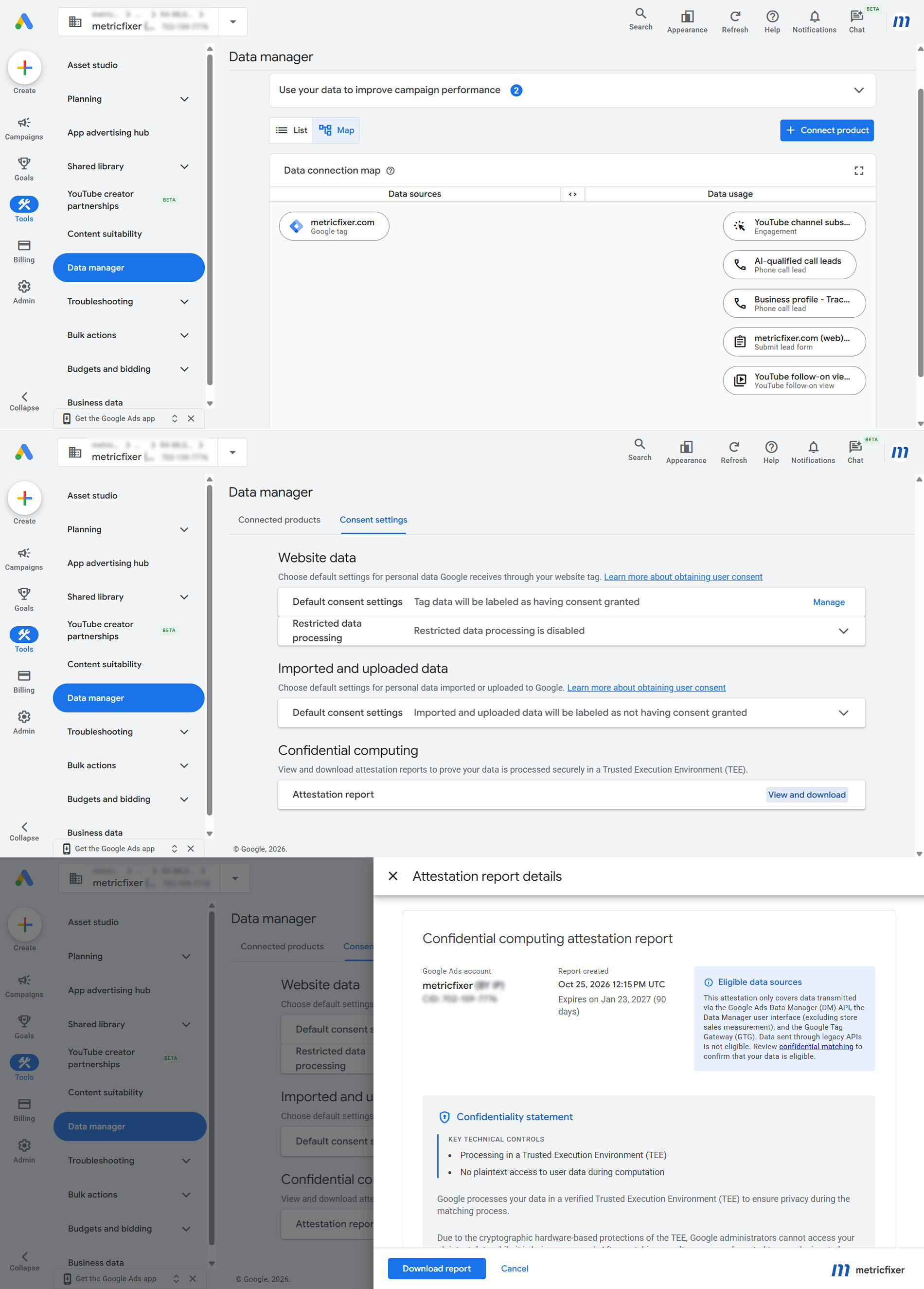 Google Ads Data Manager connection with regional filters and consent mapping for uploaded first-party data.