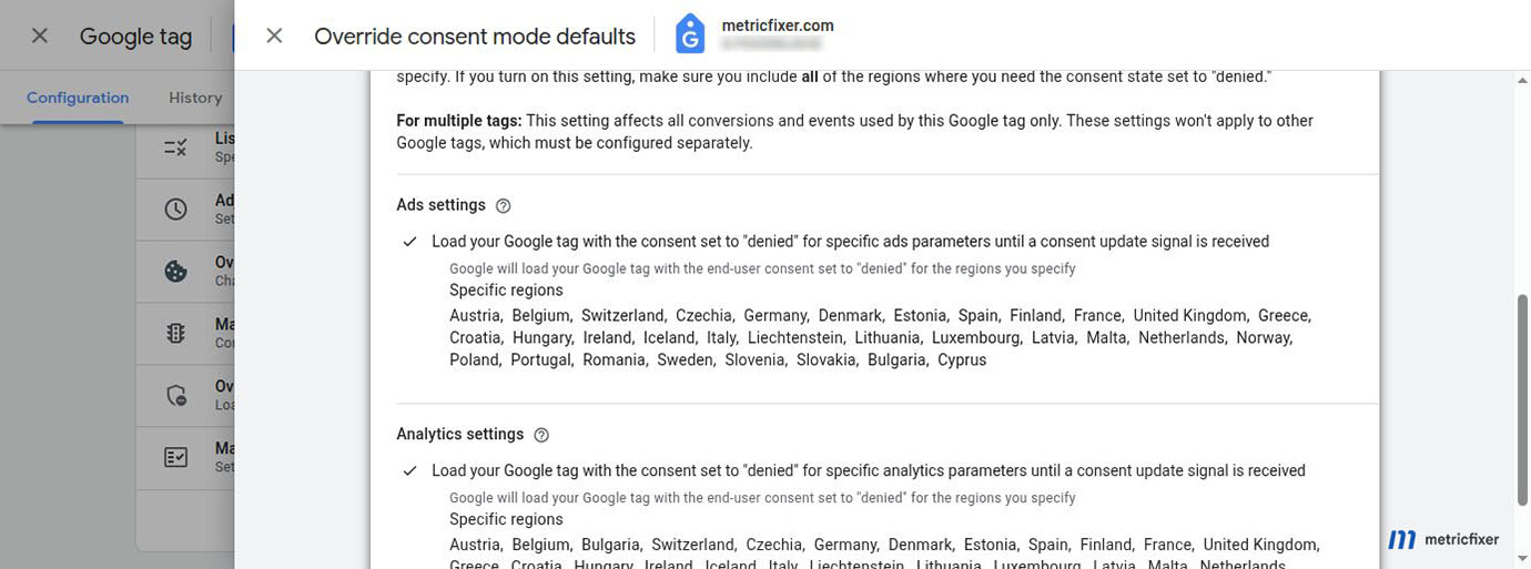 Google tag Consent Mode override used as a regional fail-safe in a global implementation.