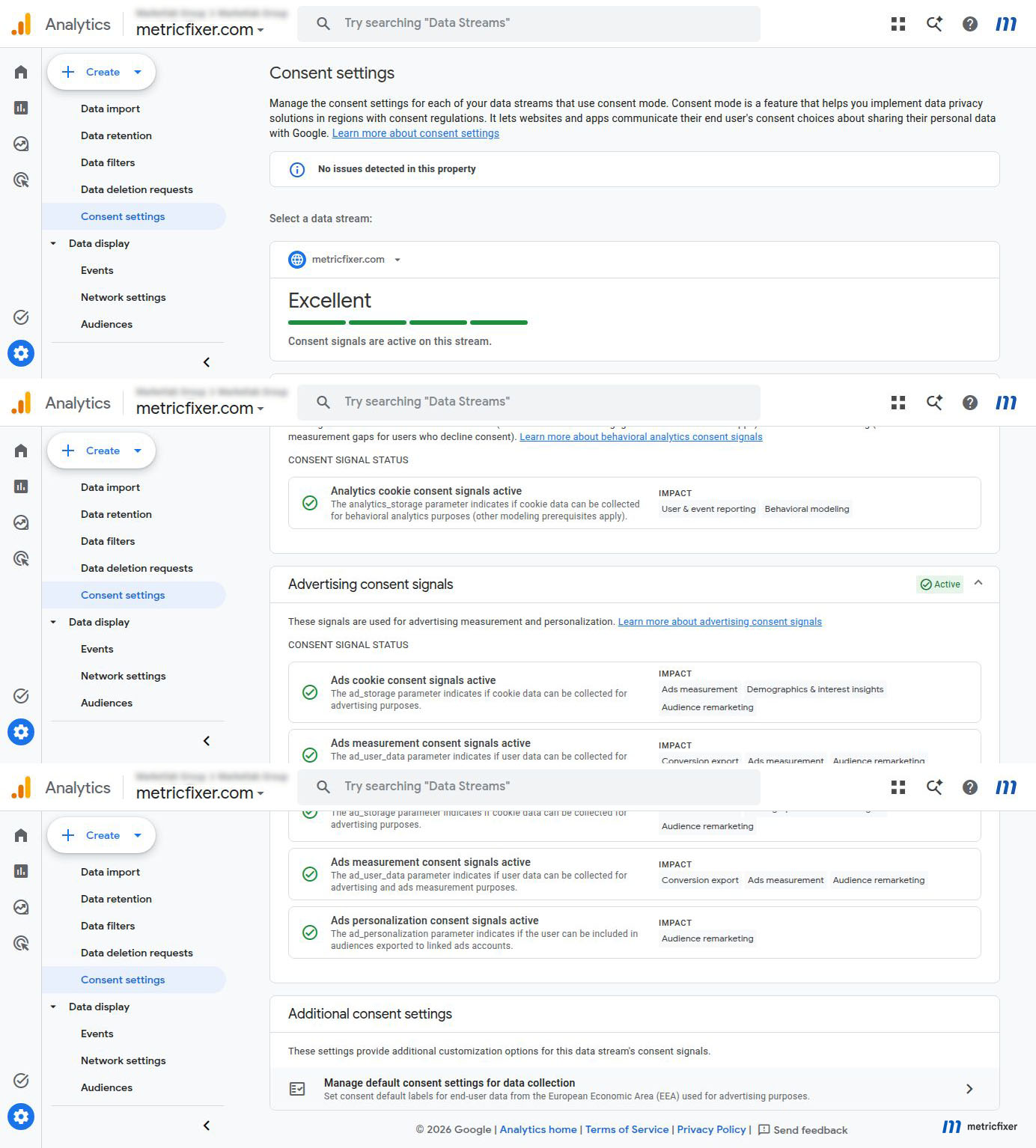 GA4 consent diagnostics showing analytics and advertising signals for a global web stream.