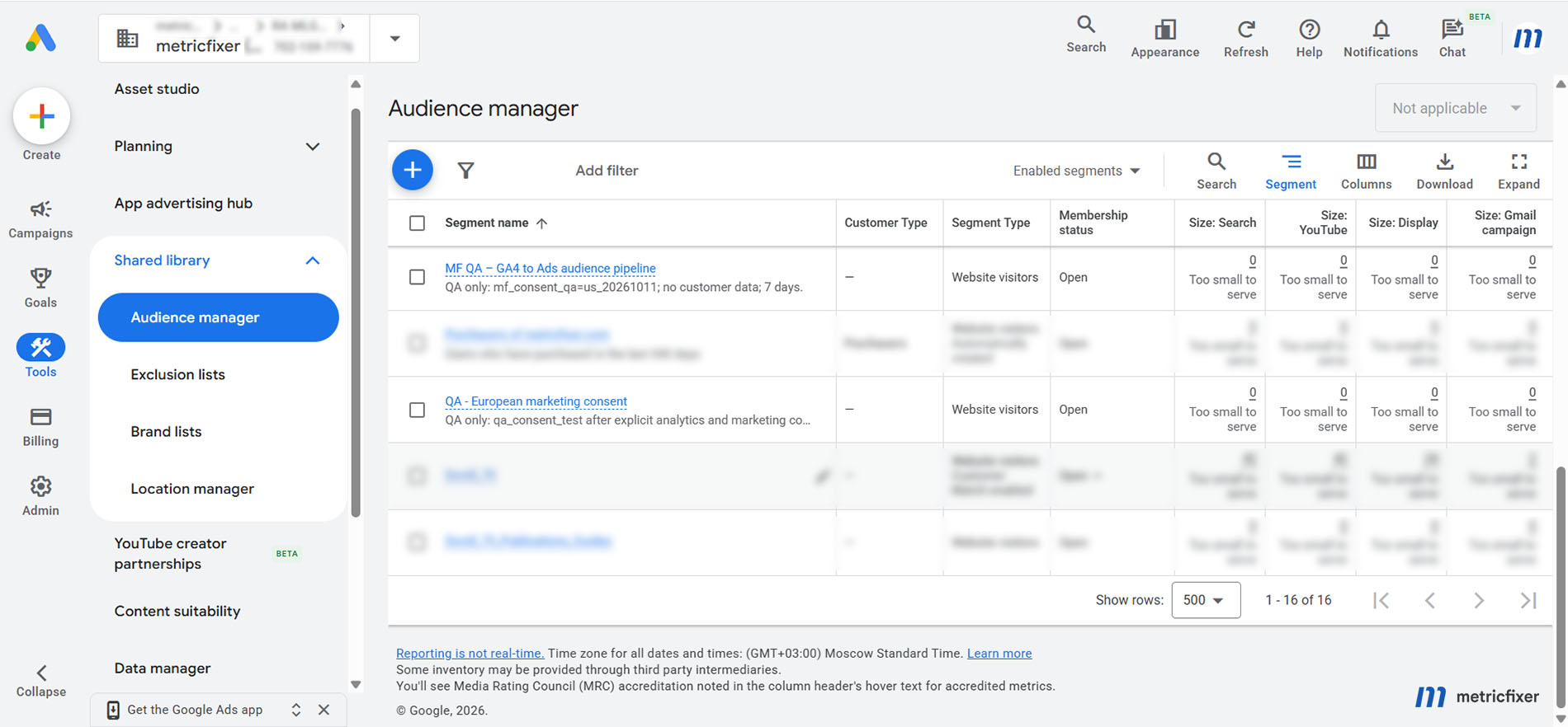 Google Ads Audience Manager comparing source, status, and network sizes for regional GA4 audiences.