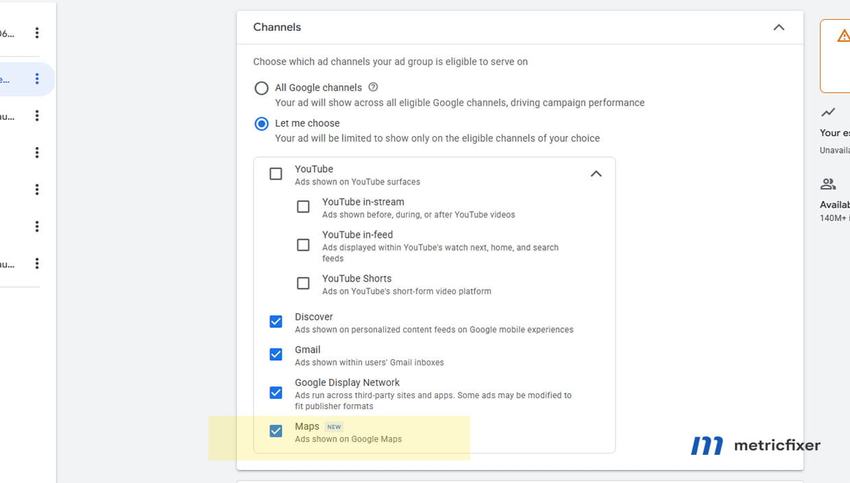 Google Ads Demand Gen channel controls showing Google Maps selected as the only channel