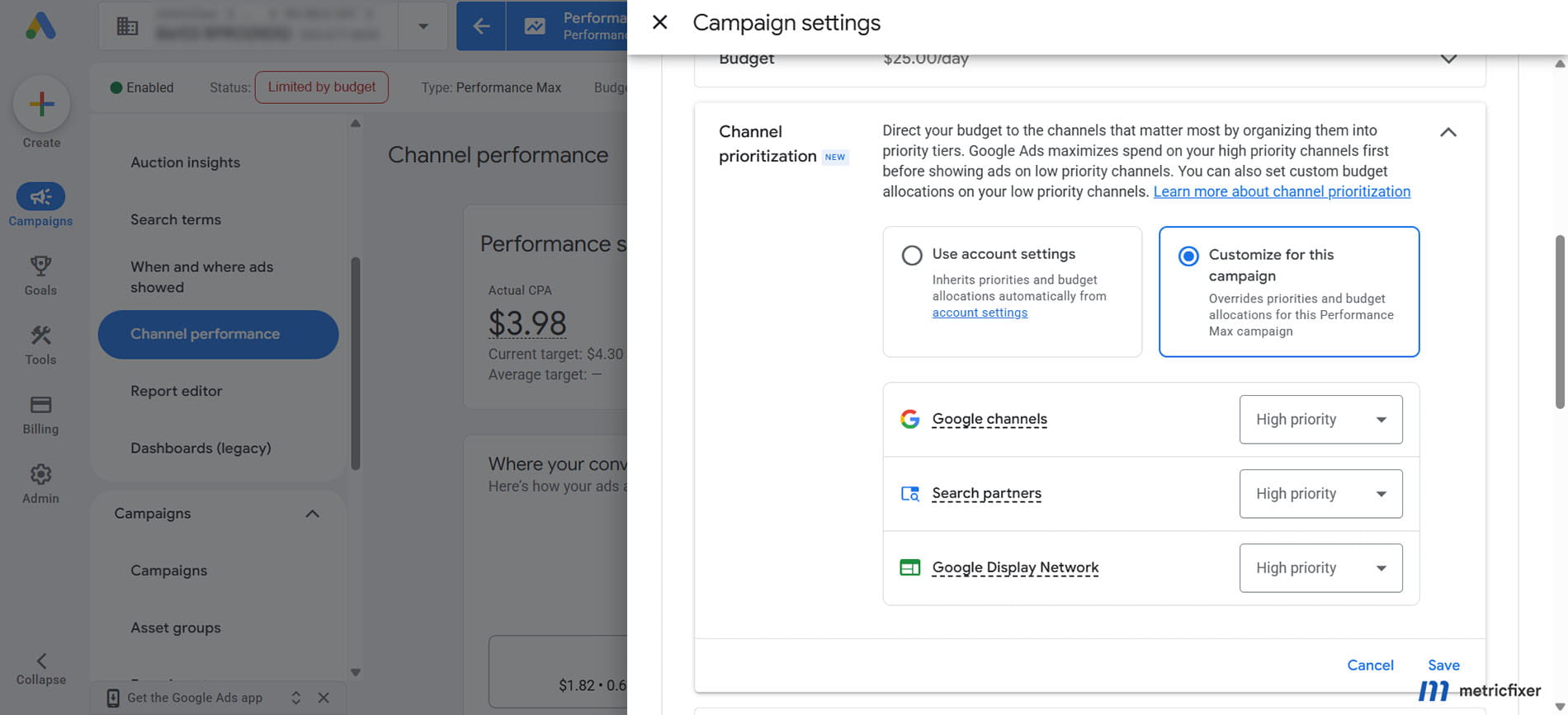 PMax channel prioritization settings with Google channels, Search partners and Display, plus account inheritance or a campaign override.