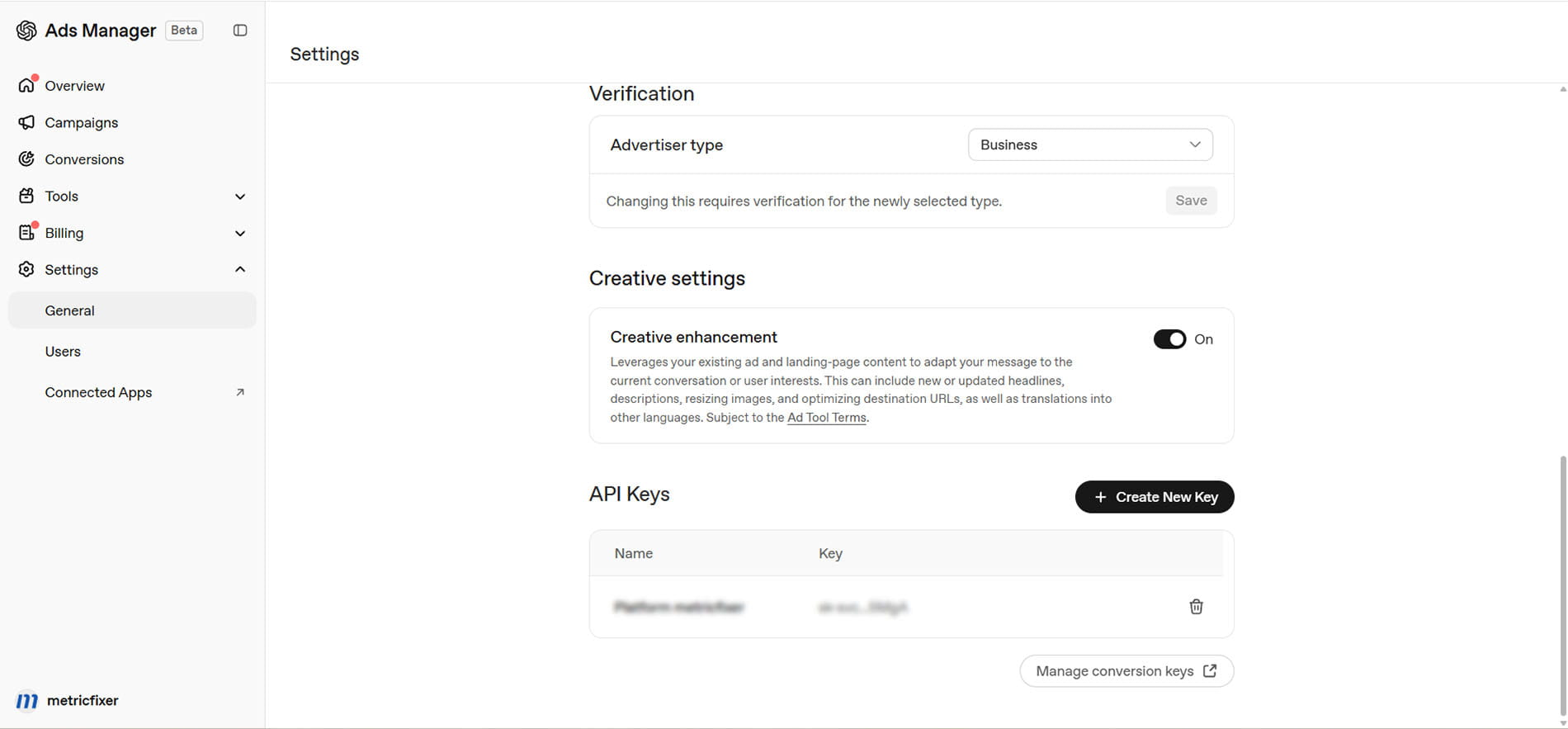 OpenAI Ads Manager Creative settings showing Creative enhancement switched On and the types of ad adaptation it can apply.