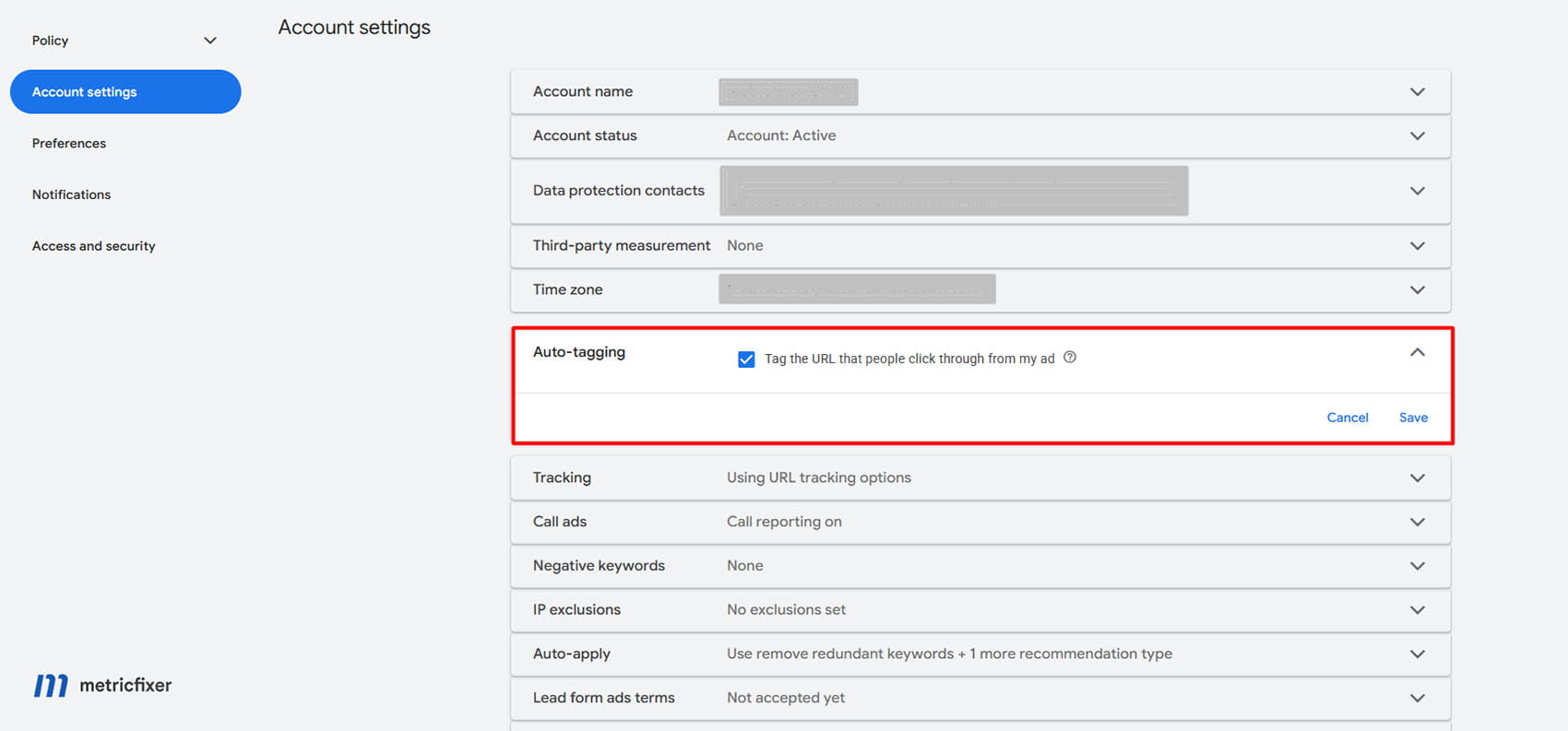 Google Ads auto-tagging setting in Account settings