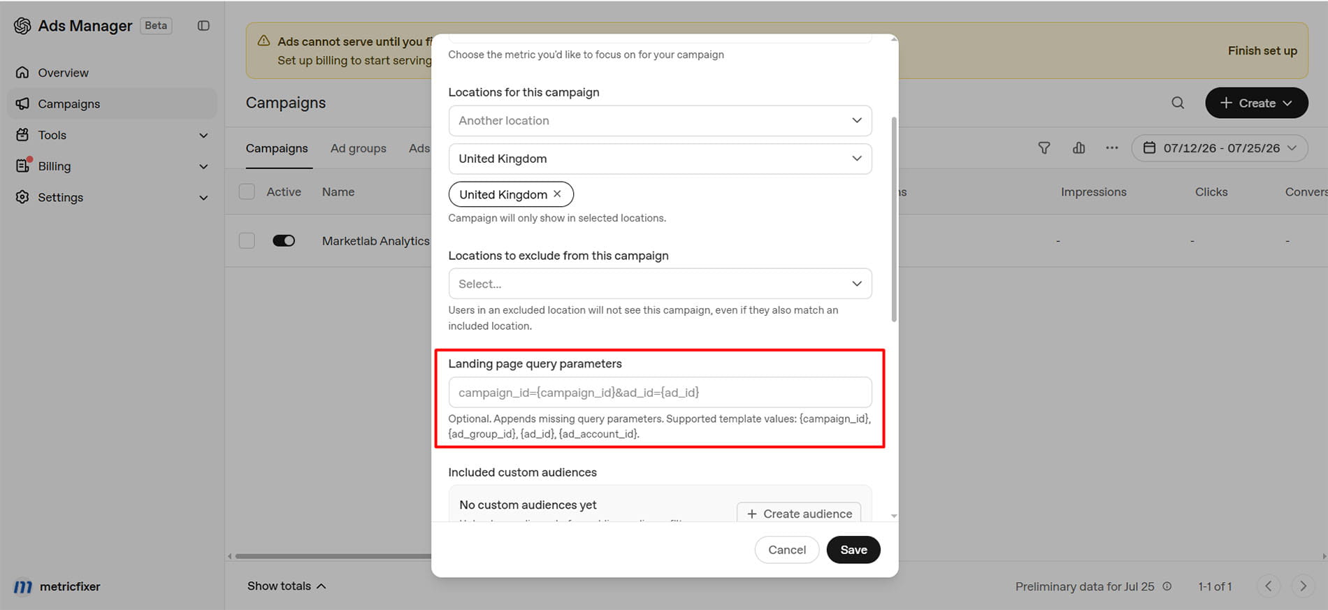 OpenAI Ads Manager Beta campaign settings showing the Landing page query parameters field and four supported ID template values