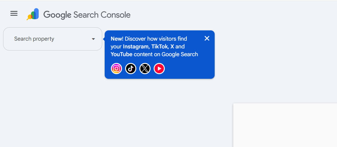 Google Search Console announcement for Instagram, TikTok, X and YouTube platform properties.