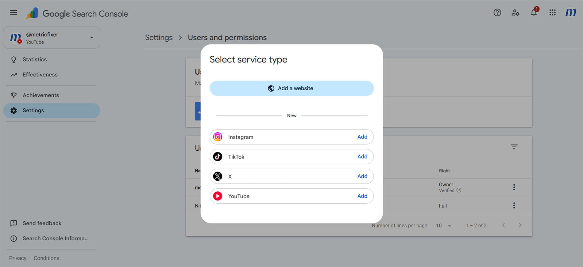 Search Console service selector listing Instagram, TikTok, X and YouTube.