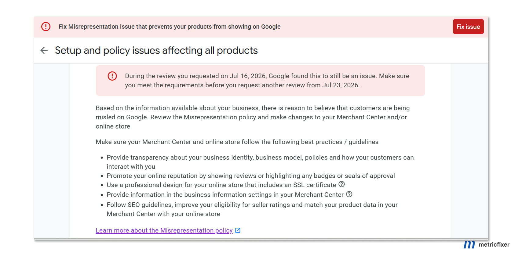 Misrepresentation notification in Google Merchaint Center