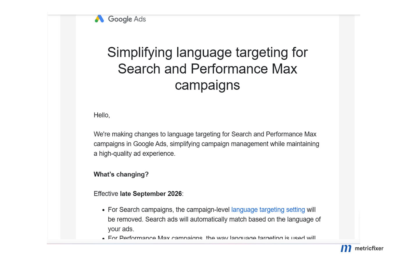 Letter from Google Ads