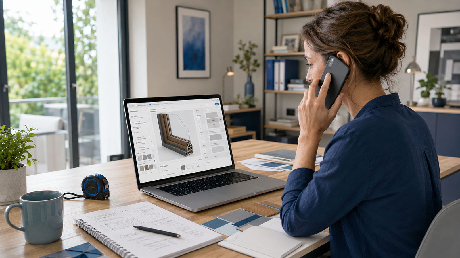 Online shopper calling a consultant while reviewing a configurable home-improvement product