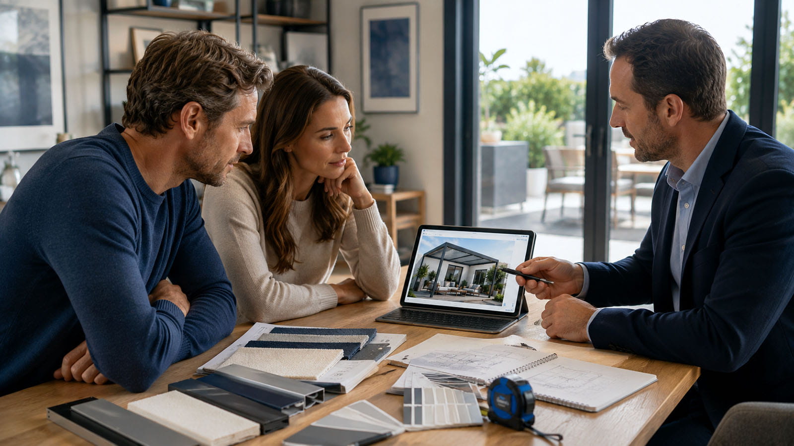 Customers discussing a high-value configurable product with an expert consultant before purchase